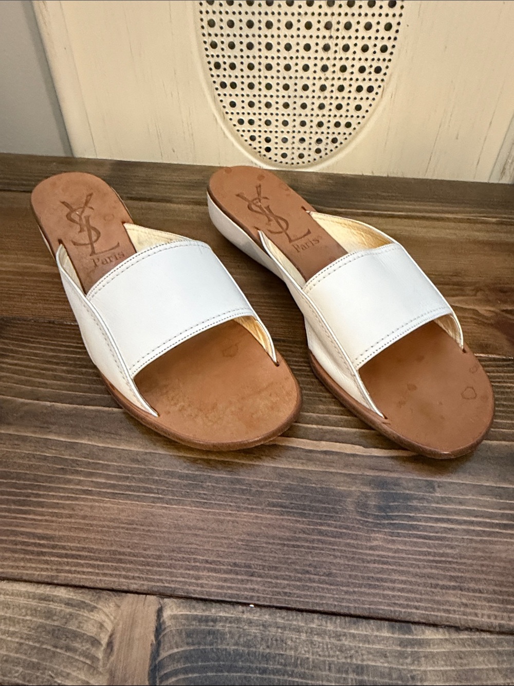 Yves Saint Laurent White Leather Slide Mules with Tan Footbed 7.5